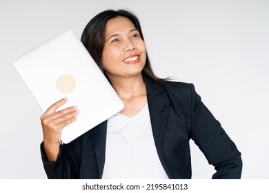 Working Business Woman In Black Suit Jacket Holding Labtop Computer