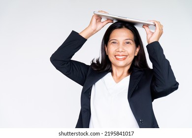 Working Business Woman In Black Suit Jacket Holding Labtop Computer