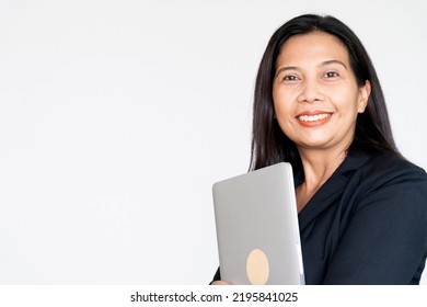 Working Business Woman In Black Suit Jacket Holding Labtop Computer