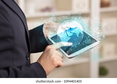 Working business woman with global reports and stock market change concept