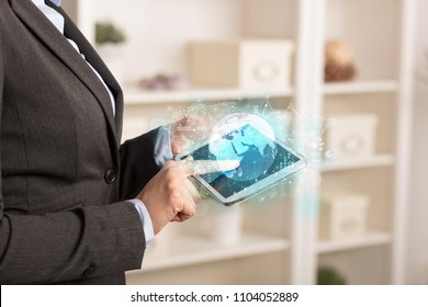 Working business woman with global reports and stock market change concept