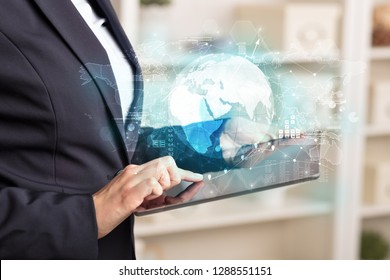 Working business woman with global reports and stock market change concept