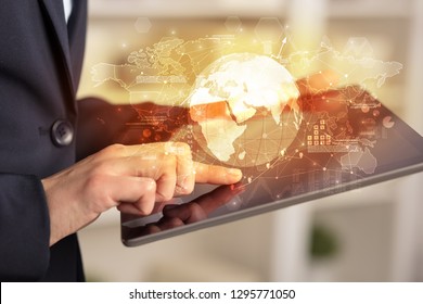 Working business woman with global reports and stock market change concept