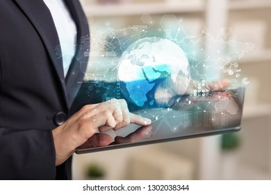 Working business woman with global reports and stock market change concept