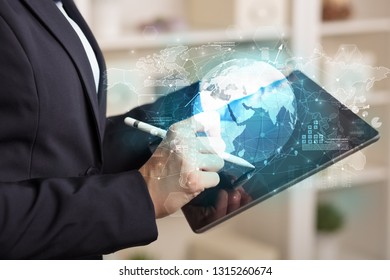 Working business woman with global reports and stock market change concept