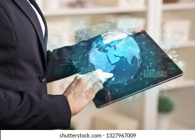 Working business woman with global reports and stock market change concept