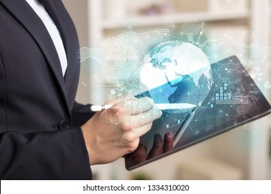 Working business woman with global reports and stock market change concept