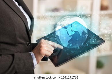 Working business woman with global reports and stock market change concept