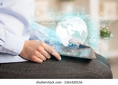Working business woman with global reports and stock market change concept