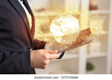 Working business woman with global reports and stock market change concept