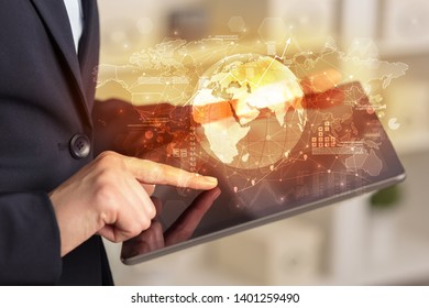Working business woman with global reports and stock market change concept