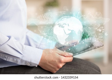 Working business woman with global reports and stock market change concept