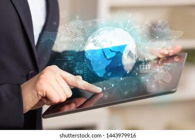 Working business woman with global reports and stock market change concept