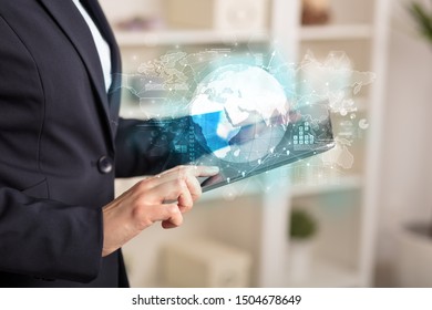 Working business woman with global reports and stock market change concept