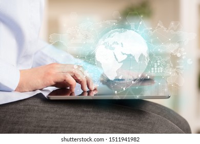 Working business woman with global reports and stock market change concept