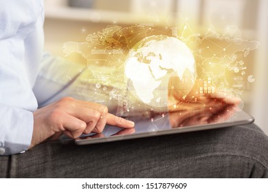Working business woman with global reports and stock market change concept