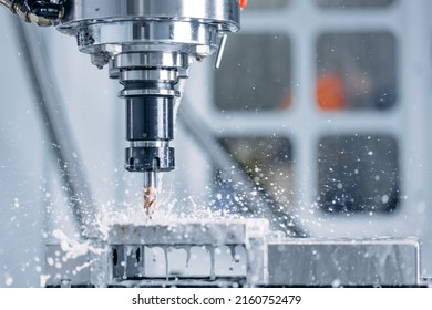 Working Closeup CNC Turning Cutting Metal Industry Machine Iron Tools With Splash Water.