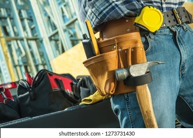 Working Construction Contractor Tools Belt Closeup. Hammer, Measuring Tape and Walkie Talkie.  - Shutterstock ID 1273731430