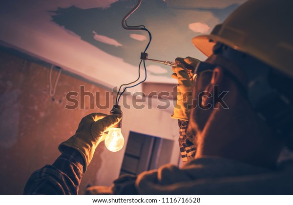 Working Contractor Electrician Fixing Light Stock Photo Edit Now