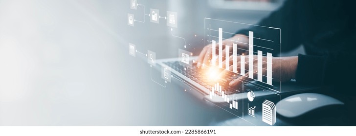 Working Data Analytics and Data Management Systems and Metrics connected to corporate strategy database for Finance, Intelligence,  Business Analytics with Key Performance Indicators, social network   - Shutterstock ID 2285866191