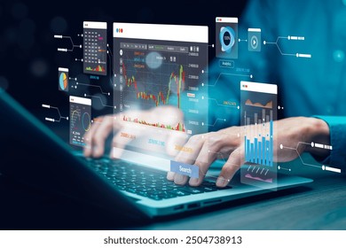Working Data Analytics and Data Management Systems and Metrics connected to corporate strategy database for Finance, Intelligence, Business Analytics with Key Performance Indicators, social network - Powered by Shutterstock - Get 15% off with code: PIKWIZARD15