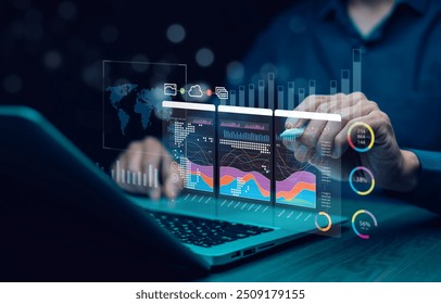 Working Data Analytics and Data Management Systems and Metrics connected to corporate strategy database for Finance, Intelligence,  Business Analytics with Key Performance Indicators, social network  