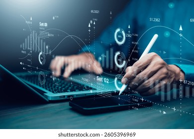 Working Data Analytics and Data Management Systems and Metrics connected to corporate strategy database for Finance, Intelligence, Business Analytics with Key Performance Indicators, social network