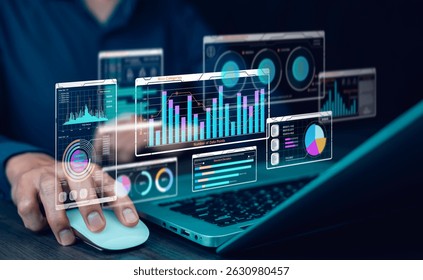 Working Data Analytics and Data Management Systems and Metrics connected to corporate strategy database for Finance, Intelligence, Business Analytics with Key Performance Indicators, social network - Powered by Shutterstock - Get 15% off with code: PIKWIZARD15