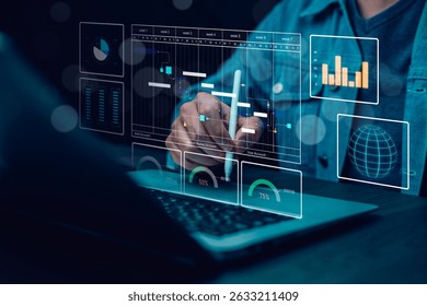 Working Data Analytics and Data Management Systems and Metrics connected to corporate strategy database for Finance, Intelligence, Business Analytics with Key Performance Indicators, social network
