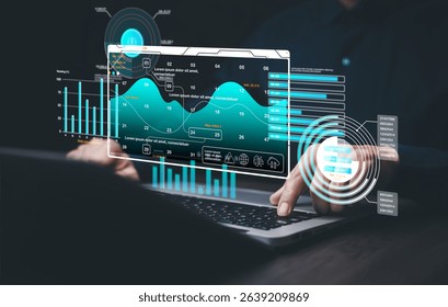 Working Data Analytics and Data Management Systems and Metrics connected to corporate strategy database for Finance, Intelligence, Business Analytics with Key Performance Indicators, social network