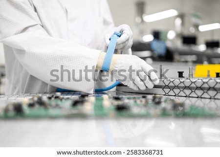 Working in electronics factory. Worker putting on anti static wristband or grounding bracelet while testing electronic components in production.