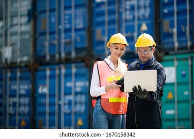 working engineer in the construction container yard., Industrial Container yard for import and export business