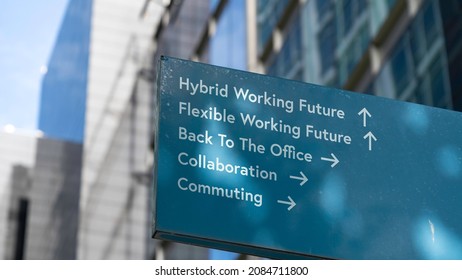 Working future choices on a city-center sign in front of a modern office building	
 - Shutterstock ID 2084711800