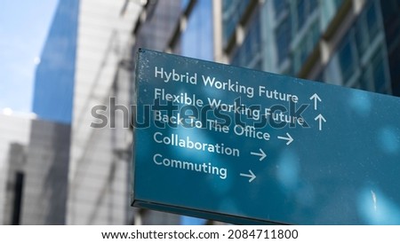 Working future choices on a city-center sign in front of a modern office building	
