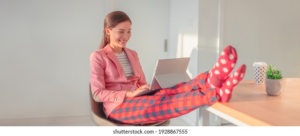 Working From Home Asian Woman Streaming Videoconference Online In Pajamas With Suit Blazer For Remote Work. Funny Pandemic WFH Lifestyle Concept Panoramic Banner.