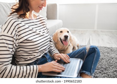 Working Home Concept. Closeup Cropped View Of Smiling Woman Sitting On Carpet In Living Room With Dog, Using Laptop Computer. Happy Lady Doing Freelance Job In Internet Online, Teleworking On Floor