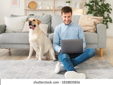 Working Home Concept. Portrait Of Smiling Man Sitting On Carpet In The Living Room With His Labrador, Using Laptop Computer. Happy Guy Doing Freelance Job In Internet Online, Teleworking On The Floor