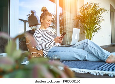 Working From Home. Woman Talking On Video Call With Family, Using Smartphone. Online Chat. Spend Free Time On Terrace. Staying Connected, Social Distancing, Internet, Chatting.