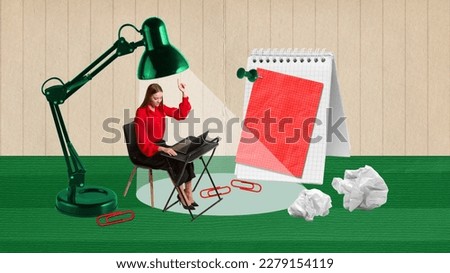 Working late hours. Employee, motivated female worker with laptop. Generating ideas, making business plan and strategy. Contemporary art collage. Conceptual design. Concept of business, motivation