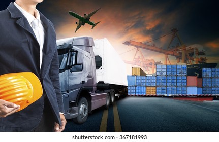 Working Man And Truck Loading Container In Port Cargo Plane Flying For Import Export Logistic Business