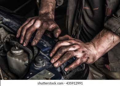 Working Men With Dirty Hands Stay Near Car Engine