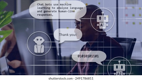 Working in office, man using computer with AI chatbots and binary code overlay. Technology, business, innovation, software, digital, workplace