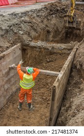 Working On Trench Construction, Underground Installation By Open Trench Method