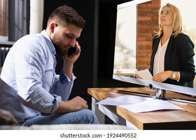 Working process. Financial manager is talking on phone, reporting on network monitor, female boss. Businessman working on start up project, office, computer, presentation, new idea. High quality photo