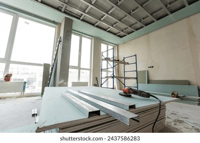 Working process of installing metal frames for plasterboard -drywall