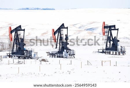 Working pump jacks in a row on an oil field part of the Natural Resources Industry on snow covered prairie fields in Central Alberta Canada.