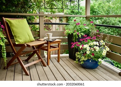 Working Remotely On Secluded Summer Vacation Cabin Rental In Woods With Beautiful Planters And Private Oasis Setting. Landscape Background, Technology Related Remote Working From Home