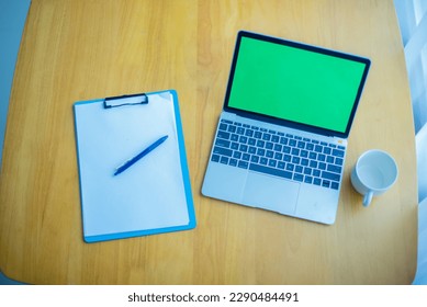 Working space with laptop document and coffee mug, Business work palce.