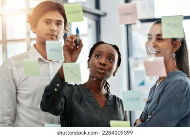 Working, sticky notes planning and teamwork collaboration with storyboard of a office team. Business strategy, corporate schedule or marketing moodboard of staff with diversity busy with a job project - Powered by Shutterstock