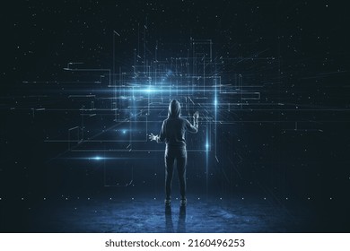 Working and surfing in virtual reality and cyber space concept with back view on human in sport suit looking at digital display with crossing virtual lines - Powered by Shutterstock - Get 15% off with code: PIKWIZARD15